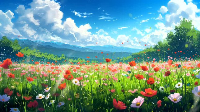A field of beautiful wildflowers. Fantasy landscape anime or cartoon style, seamless looping 4k time-lapse virtual video animation background