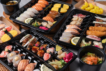 Sushi, Japanese, sashimi, side dishes, set menu, lunch box, tuna, salmon, flatfish, rockfish, shrimp, egg roll, fried tofu sushi, soy sauce shrimp, udon, fried food