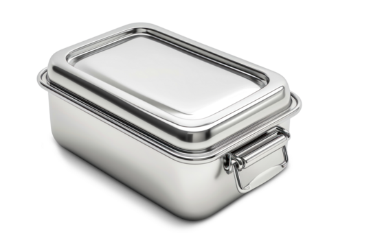 A stainless steel lunch box, used for storing and carrying food, placed on a white background. Isolated