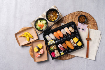 Sushi, Japanese, sashimi, side dishes, set menu, lunch box, tuna, salmon, flatfish, rockfish, shrimp, egg roll, fried tofu sushi, soy sauce shrimp, udon, fried food