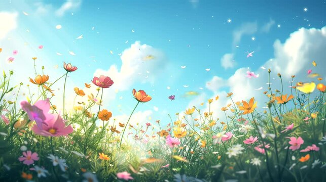 A field of beautiful wildflowers. Fantasy landscape anime or cartoon style, seamless looping 4k time-lapse virtual video animation background