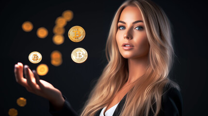Businesswoman holding many Bitcoins in a presentation
