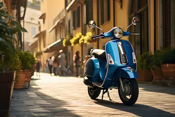 Poster Scenic view of a blue scooter leisurely parked on the sunlit streets of a small Italian town, exuding a timeless and tranquil atmosphere © Haider