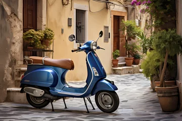 Raamstickers Scenic view of a blue scooter parked on the charming streets of an Italian town, capturing the essence of a leisurely day in a quaint setting © Haider