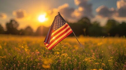Sunset Flag Flaunts Patriotism in a Field of Flowers Generative AI