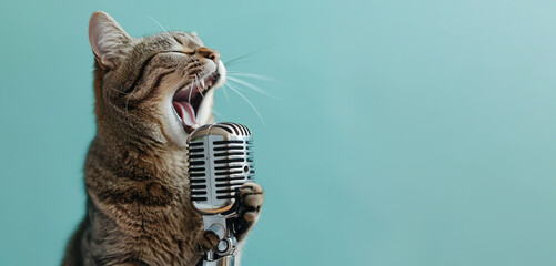 Funny and emotional cat artist singing and holding a ball of yarn. Copy space for text - obrazy, fototapety, plakaty