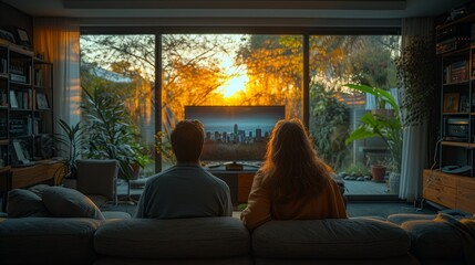 couple watching tv in the living room on the sofa bed, couch 