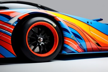 Side profile of a racing car with vibrant sponsor logos, showcasing the sleek and aerodynamic...