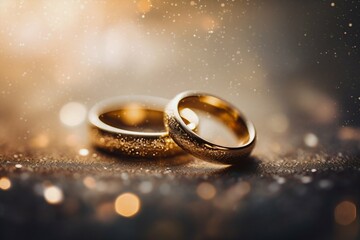 Obraz na płótnie Canvas Shiny Wedding Rings on Sparkling Background. Generative ai