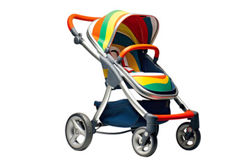 A baby stroller with a vibrant, multicolored seat, isolated on a white background.