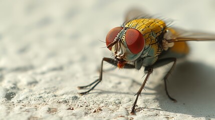 close up of a fly on the wall, eyes in focus