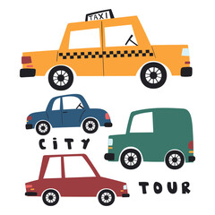 illustration of a taxi and vehicles