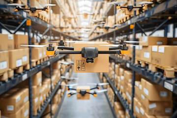 Naklejka premium AIやテクノロジー、ドローンを駆使した未来型の倉庫