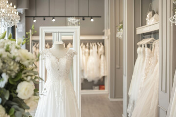 Naklejka premium White Wedding Dress Displayed in Store Window, Bridal Gown Showcase