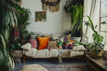 Green Oasis, Lush Assortment of Plants Enlivening a Spacious Living Room