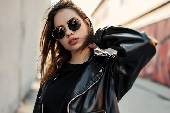 Urban beautiful young woman wearing a leather jacket and glasses.
