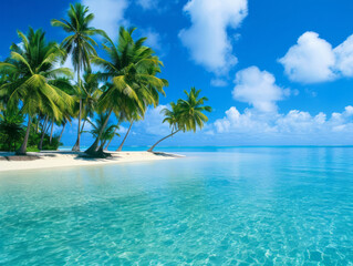 tropical beach in Maldives with few palm trees and blue lagoon