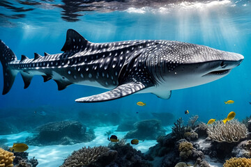 Whale shark (Rhincodon typus) mammal swimming in tropical underwaters rear view. Shark in underwater wild animal world. Observation of wildlife ocean. Scuba diving adventure in Ecuador coast