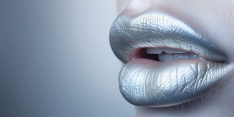 Metallic Silver Lips Fashion Close-up