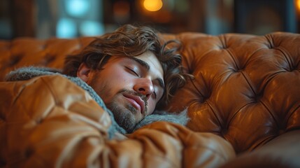 Obraz premium portrait of a man sleeping in the bed covered with blanket, handsome, trendsetter 