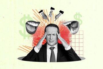 Creative photo illustration collage businessman touching head migraine pain stressful work critics...
