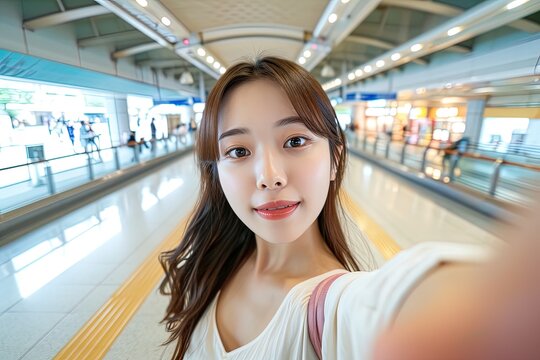Funny asian young woman traveler blogger taking selfie at city in summer vacation.