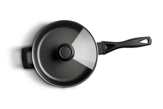 A black frying pan with a sturdy handle photographed on a clean white background. isolated