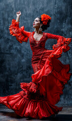 Fototapeta premium Beautiful Spirited Spanish Woman Dancing Flamenco with a Beautiful Dress Traditional Spain Folklore Wallpaper Digital Art Magazine Background Poster Card
