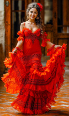 Naklejka premium Beautiful Spirited Spanish Woman Dancing Flamenco with a Beautiful Dress Traditional Spain Folklore Wallpaper Digital Art Magazine Background Poster Card