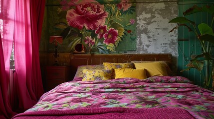 bedroom with bed, flower pattern, large flower painting on the wall 