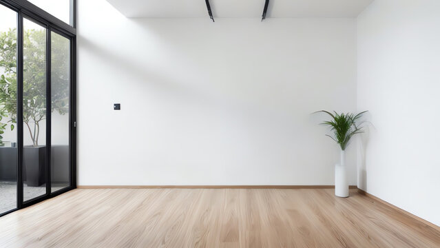 3D rendering large blank wall with small plant interior room ai generated