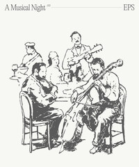 Hand drawn vector illustration of orchestra sitting at table playing musical instruments.