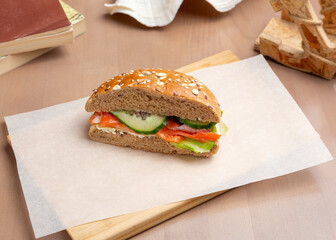 Mini sandwich with salmon and cucumbers. Breakfast
