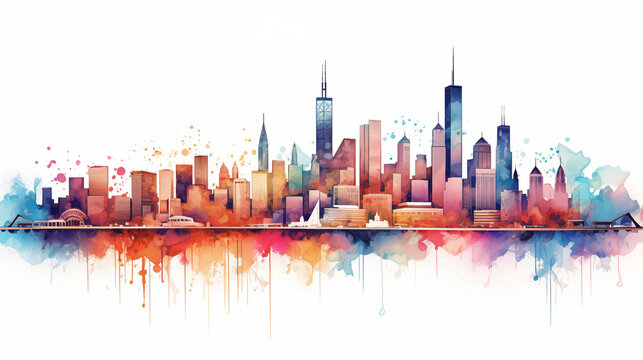 Chicago City Skyline Panorama Isolated on White Background  Illustration