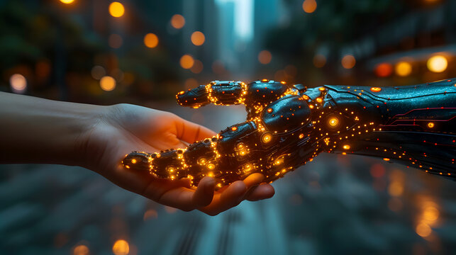 Innovative Human and Robot Collaboration. Human and Robot Interaction with helping hands between person and Artificial Intelligence. AI Assistance and support in future technology.