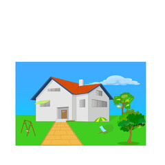 Modèle de maison individuelle sur fond de ciel bleu, avec pelouse, arbre, balançoire, parasol et relax au premier plan