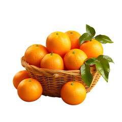 Tangerinea fruits or Santang in traditional bamboo basket. Oranges on transparent background.