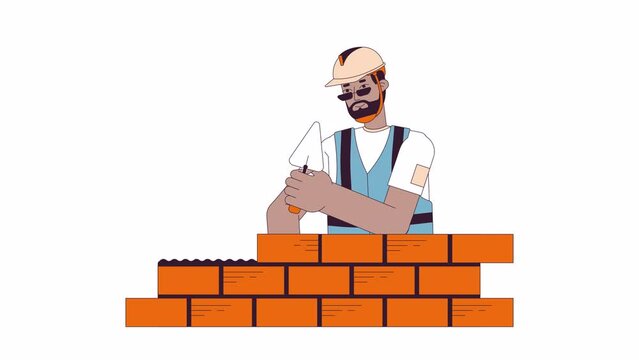 Construction worker laying bricks line cartoon animation. Building site masonry 4K video motion graphic. African american male home builder 2D linear animated character isolated on white background