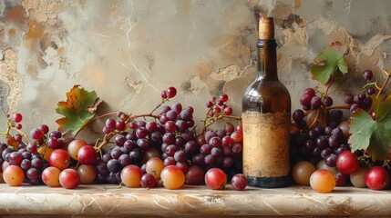 Vintage wine bottle among fresh grapes on marble