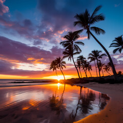 Serene beach sunset with palm trees 