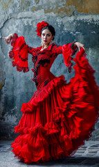 Fototapeta premium Beautiful Spirited Spanish Woman Dancing Flamenco with a Beautiful Dress Traditional Spain Folklore Wallpaper Digital Art Magazine Background Poster Card