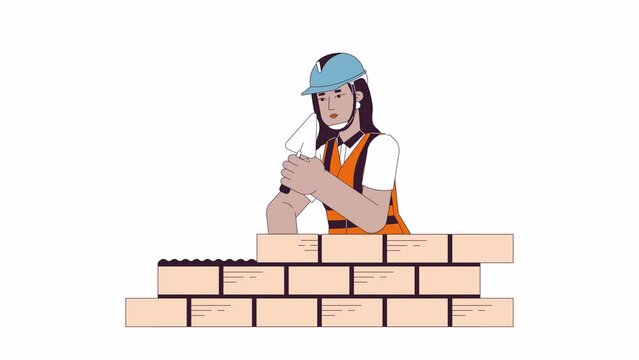 Indian woman bricklayer building line cartoon animation. South asian female construction worker 4K video motion graphic. Hardhat contractor 2D linear animated character isolated on white background