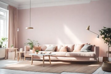 A realistic image of a Scandinavian living room with a simple sofa and coffee table, set against an empty wall mock-up, exuding tranquility with pastel hues.