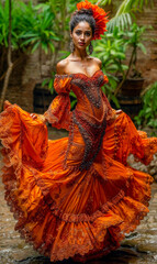 Fototapeta premium Beautiful Spirited Spanish Woman Dancing Flamenco with a Beautiful Dress Traditional Spain Folklore Wallpaper Digital Art Magazine Background Poster Card