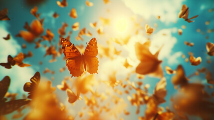 Abundant environment Thousands of wonder butterflies flying up towards the sky with Beautiful Lighting chaotic background. - obrazy, fototapety, plakaty