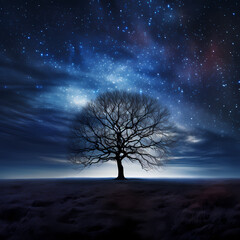 Fototapeta na wymiar Starry night sky with a silhouette of a lone tree.