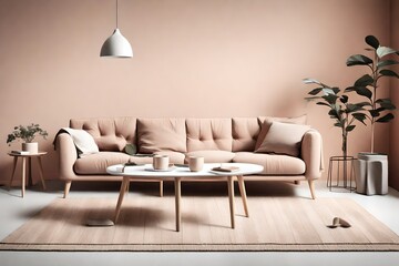 An inviting Nordic space with a cozy sofa and coffee table set against a pastel backdrop, creating a harmonious minimalist interior.