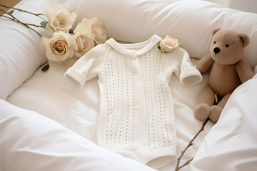 Baby clothes in a crib with a teddy bear