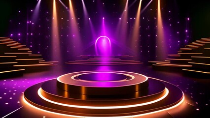 Shimmering glowing purple violet neon golden stage on dark background with sparkling lights for upcoming event. Festive ceremony concept - Powered by Adobe