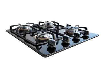 A gas stove built into the kitchen, featuring a black stove top with four burners, standing alone on a white background.